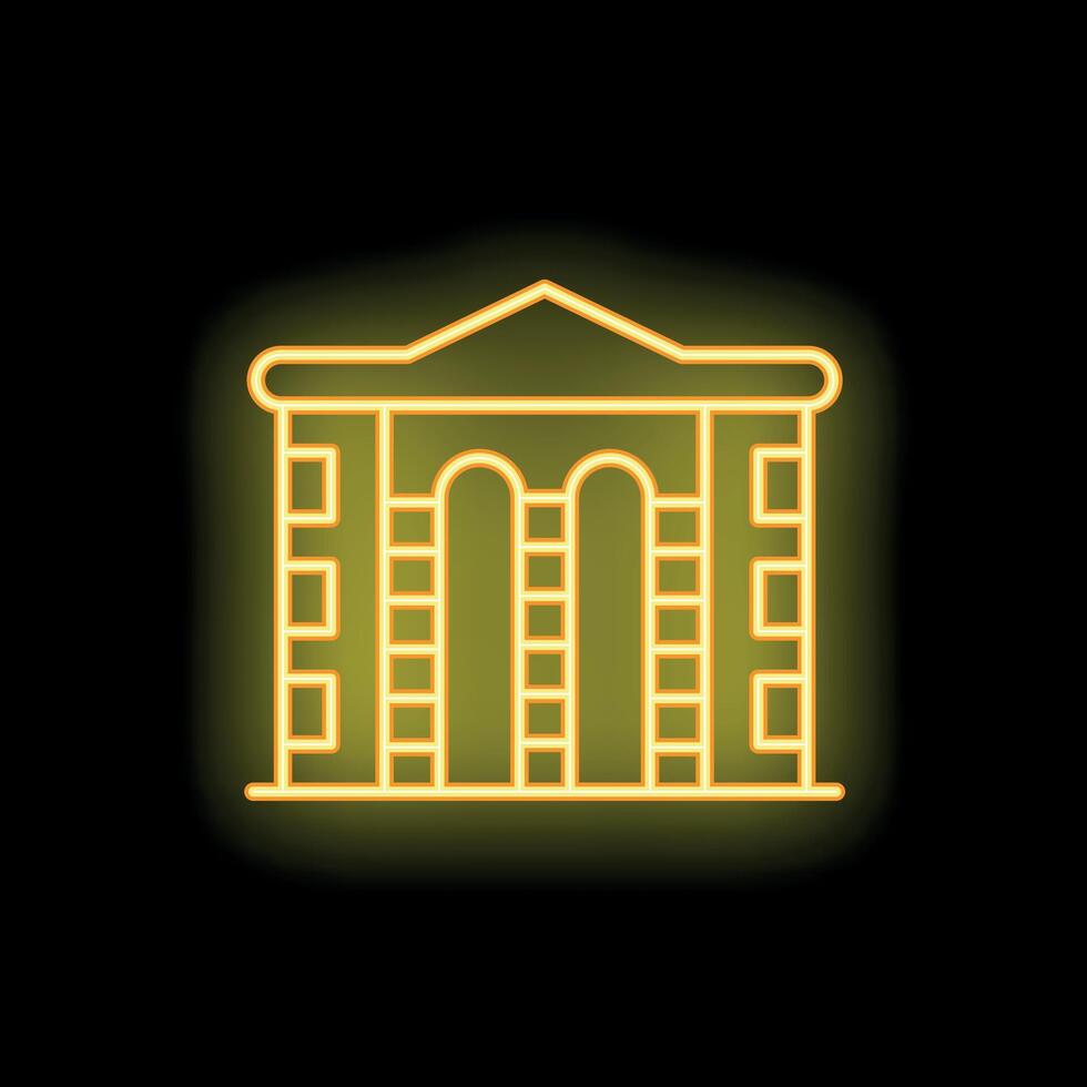 Neon yellow building facade with columns and pediment on black background vector
