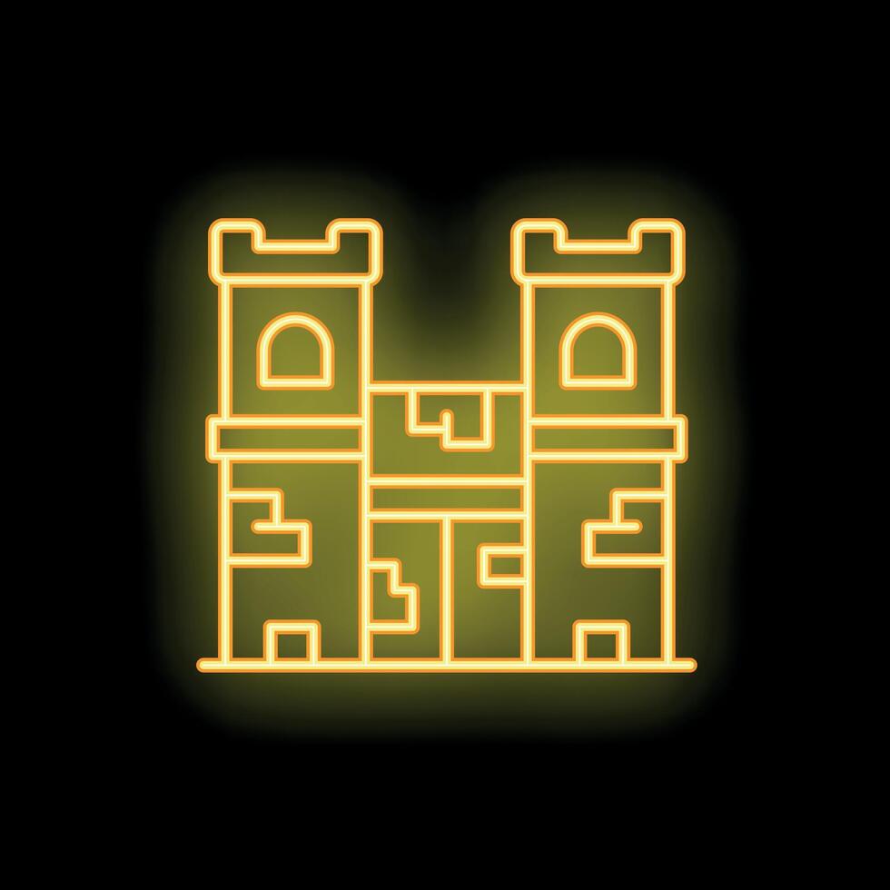 Yellow neon medieval castle glowing on black background vector