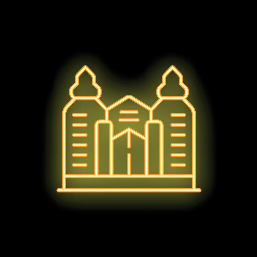 Glowing neon icon of majestic building with three towers on black background vector