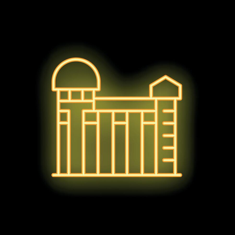 Yellow neon icon depicting grain storage silos on black background vector