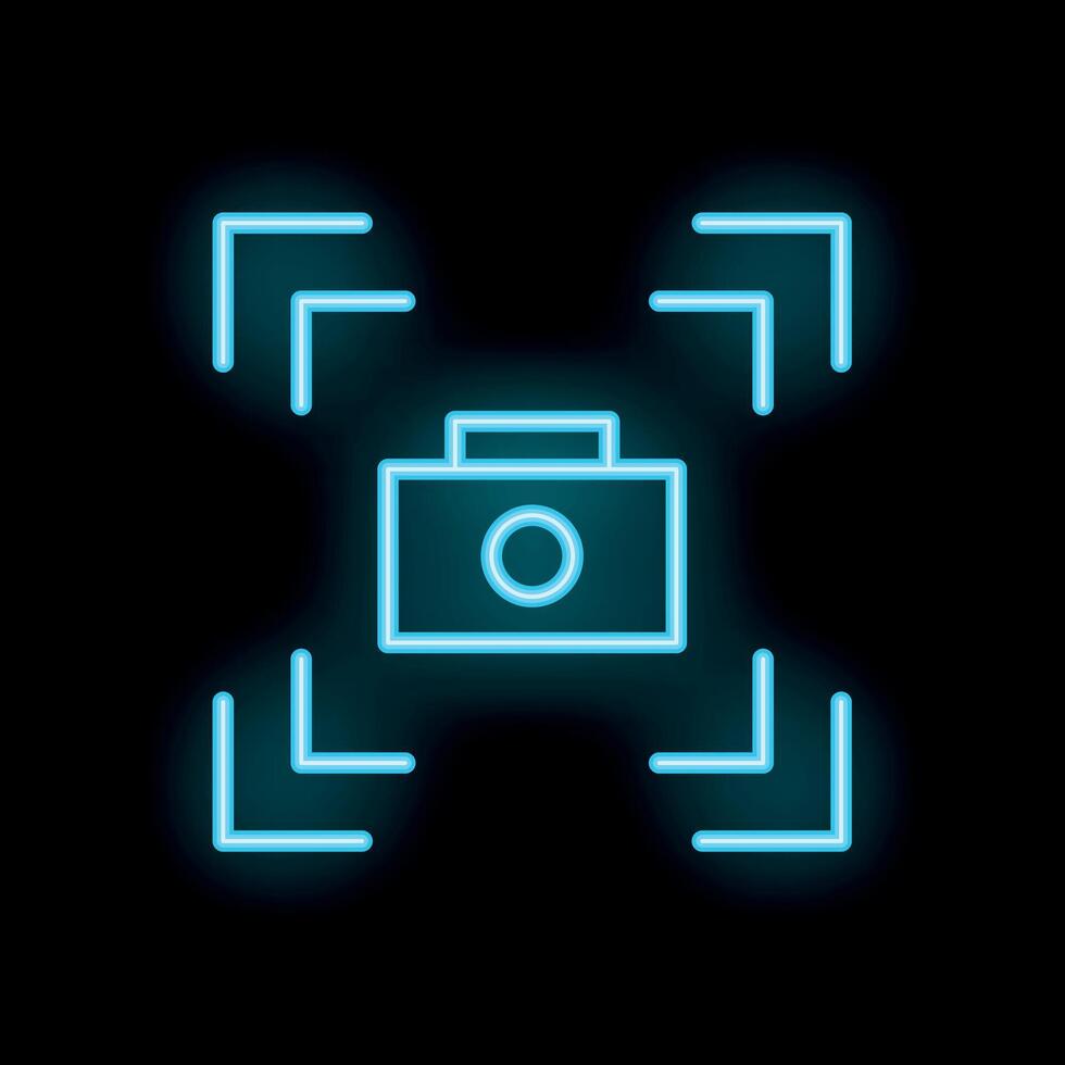 Neon camera icon focusing on target symbolising photography vector