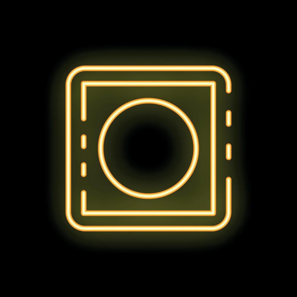 Yellow neon sign of a condom in a square on a black background vector