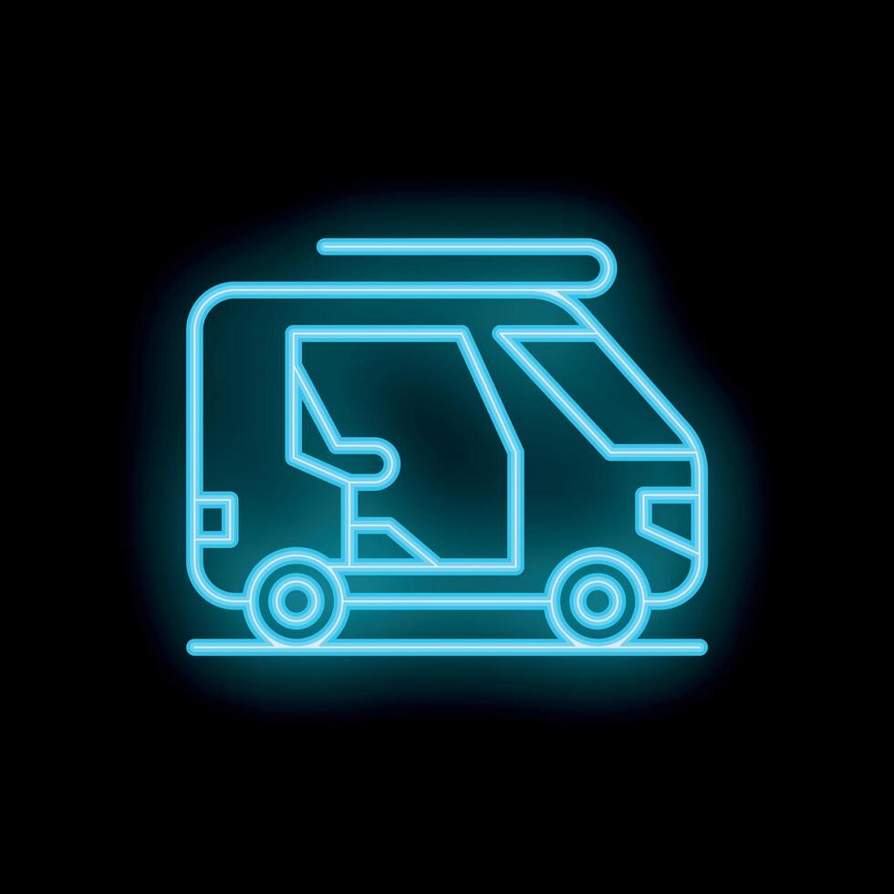 Blue neon icon of a camper van glowing on black background vector