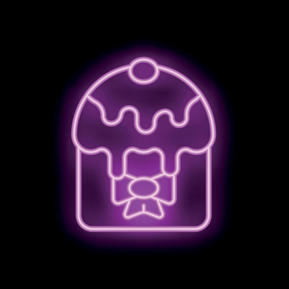 Neon easter cake sign with purple icing and bow on black background vector