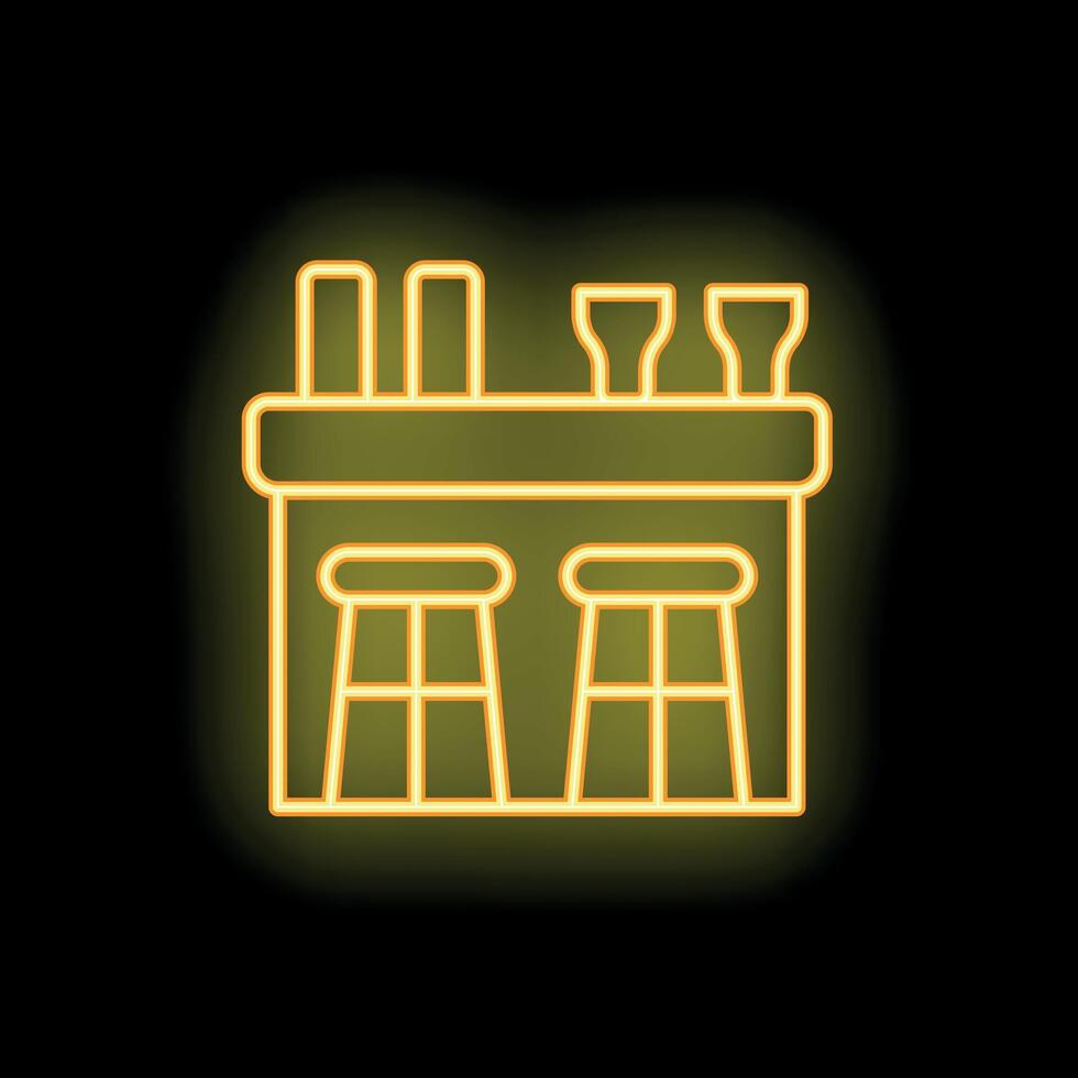 Neon sign of bar counter with stools glowing yellow vector