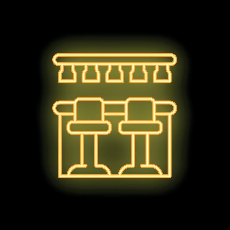 Neon sign showing bar counter with stools shining yellow light vector
