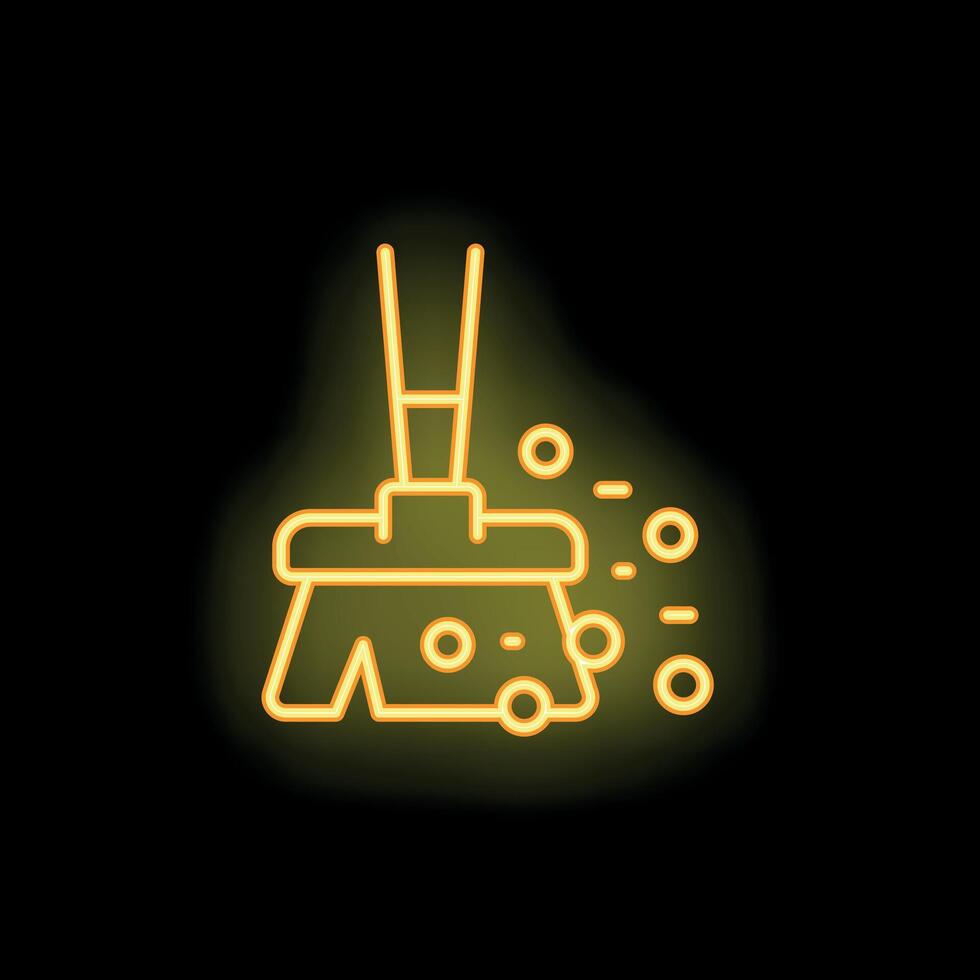 Yellow neon icon of a broom sweeping representing cleaning services vector