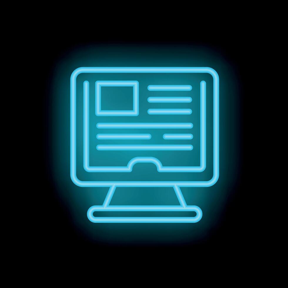 Neon blue desktop computer icon displaying information on black background vector