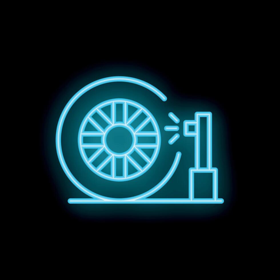 Neon icon of tire inflation with air compressor showing pressure gauge vector