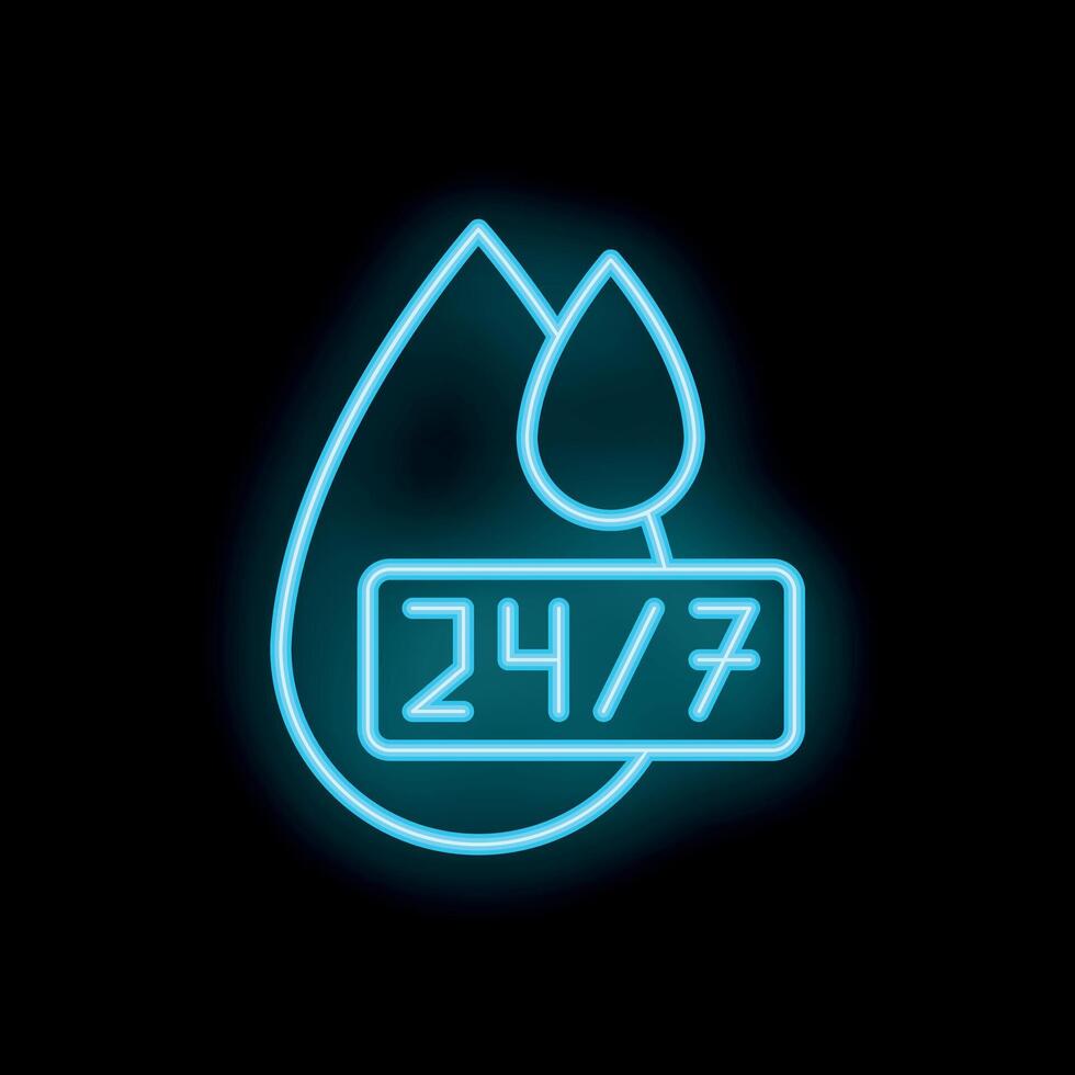 Neon icon of water drops showing 24 7 water service availability vector