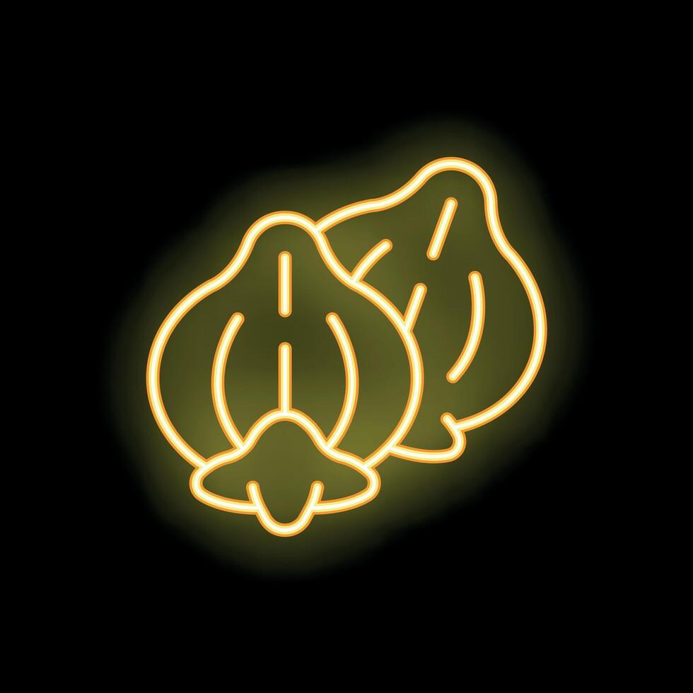 Neon icon of two garlic bulbs glowing yellow on black background vector
