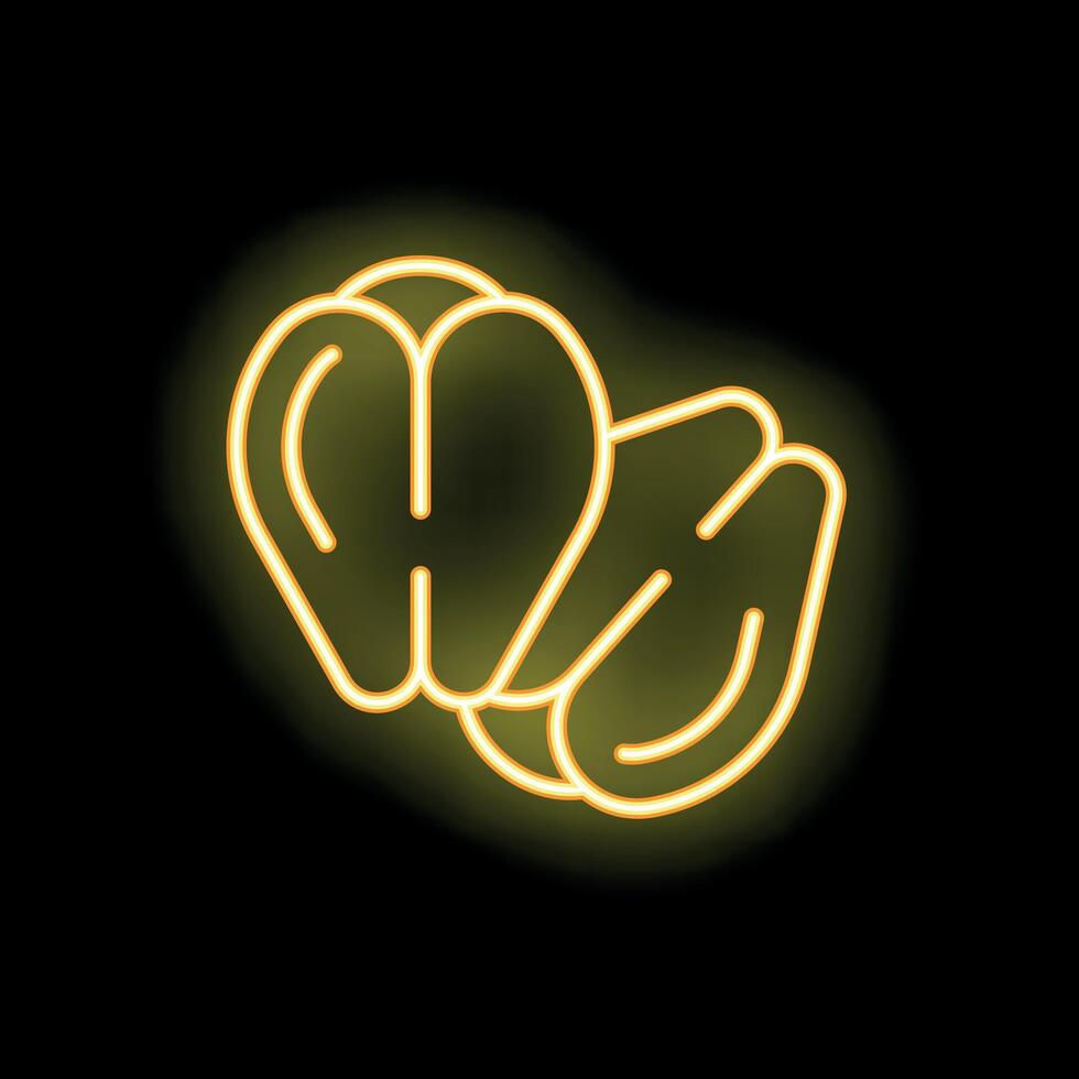 Yellow neon sign of walnuts glowing on black background vector