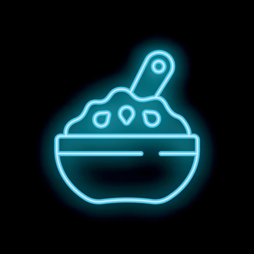 Neon icon of bowl with spoon and food glowing blue on black background vector