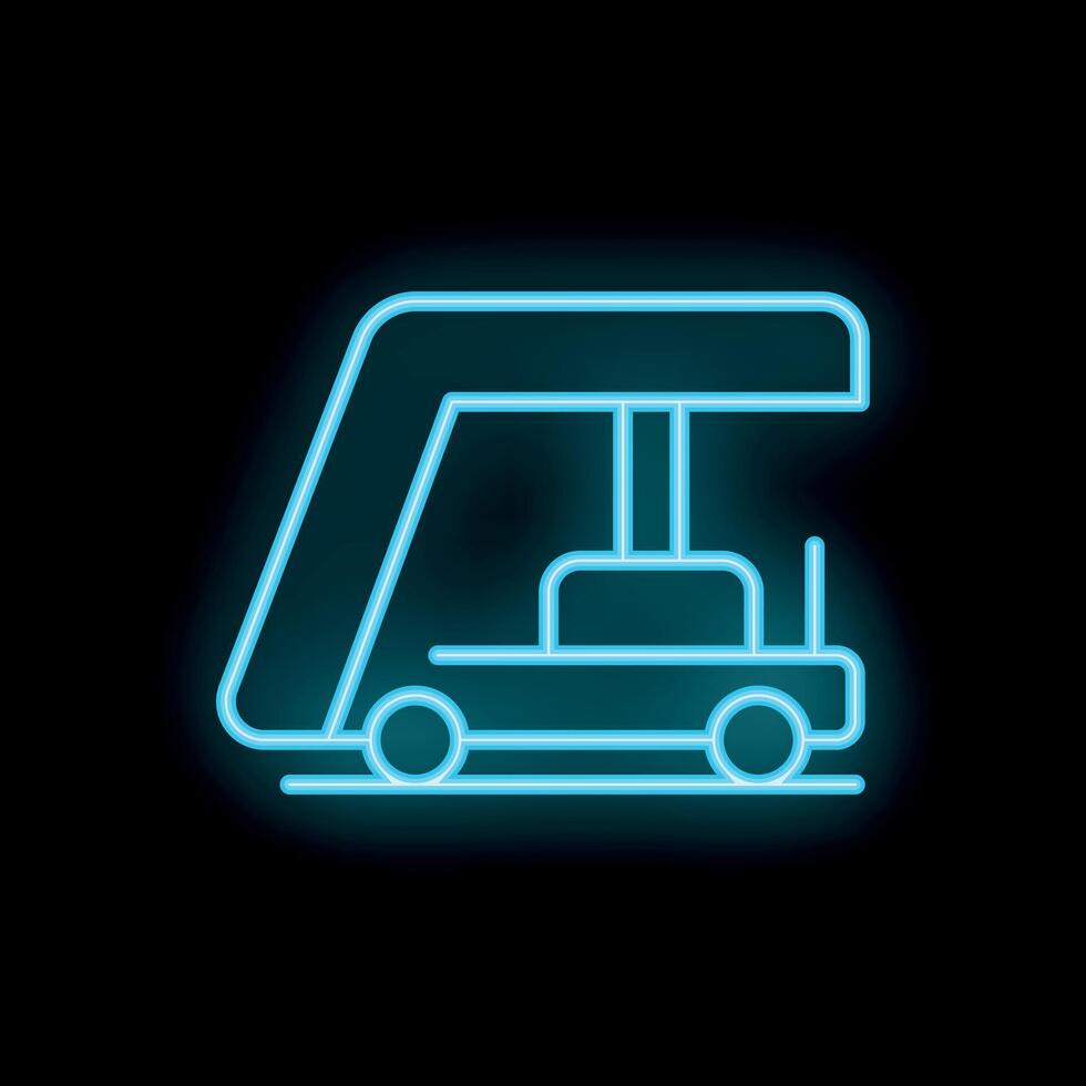 Blue neon sign airport baggage handler vehicle with luggage on conveyor belt vector