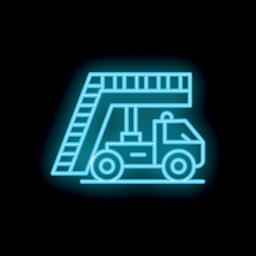Neon icon of airport boarding stairs truck glowing on black background vector