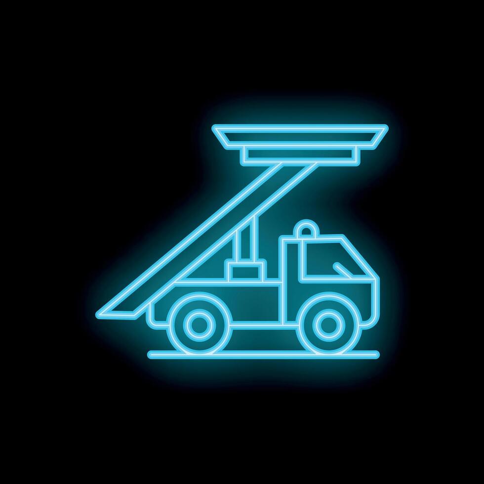 Neon airport boarding stairs truck glowing on black background vector