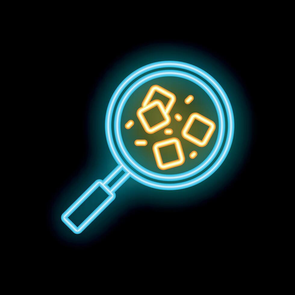 Neon icon of magnifying glass showing sugar cubes for diabetes concept vector