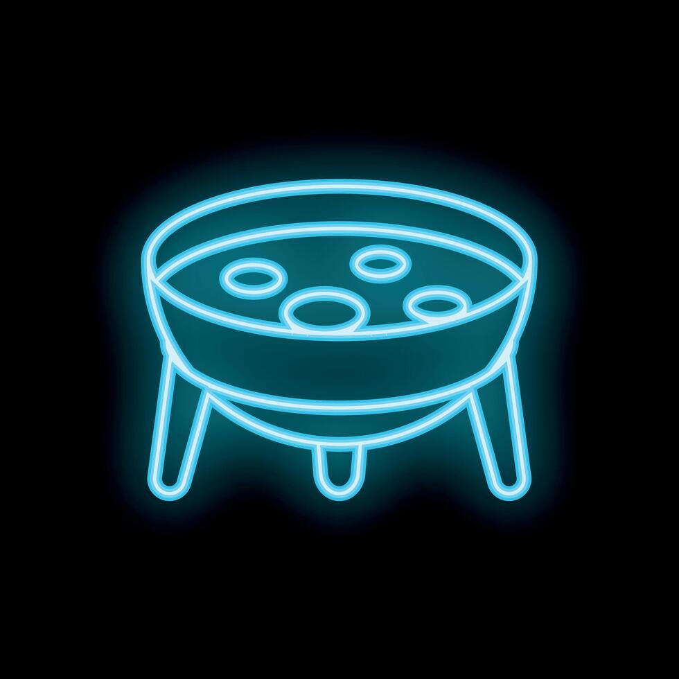 Blue neon sign of traditional metal cauldron with potion boiling over burning firewood on tripod stand for halloween celebration vector