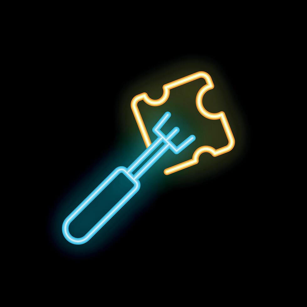 Neon fork piercing cheese slice on black background vector