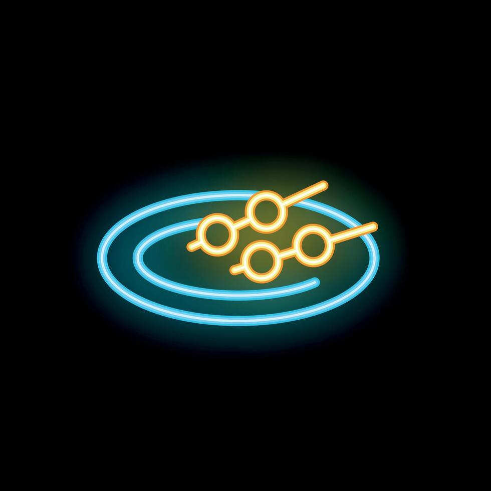 Neon sign showing skewers on a plate over black background vector