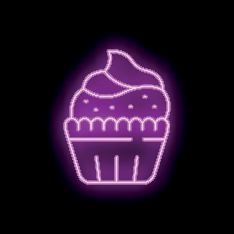 Purple neon sign showing a cupcake with icing and sprinkles on a black background vector