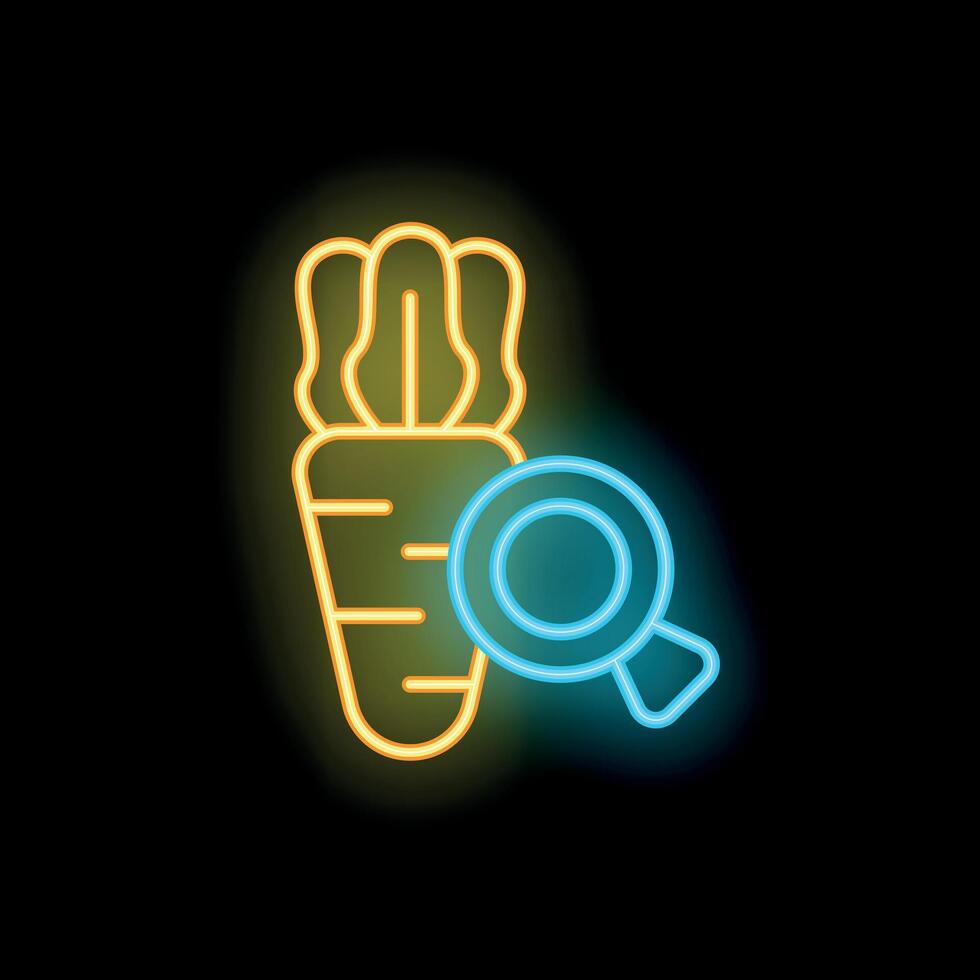 Neon icon of magnifying glass investigating a carrot representing healthy food research vector