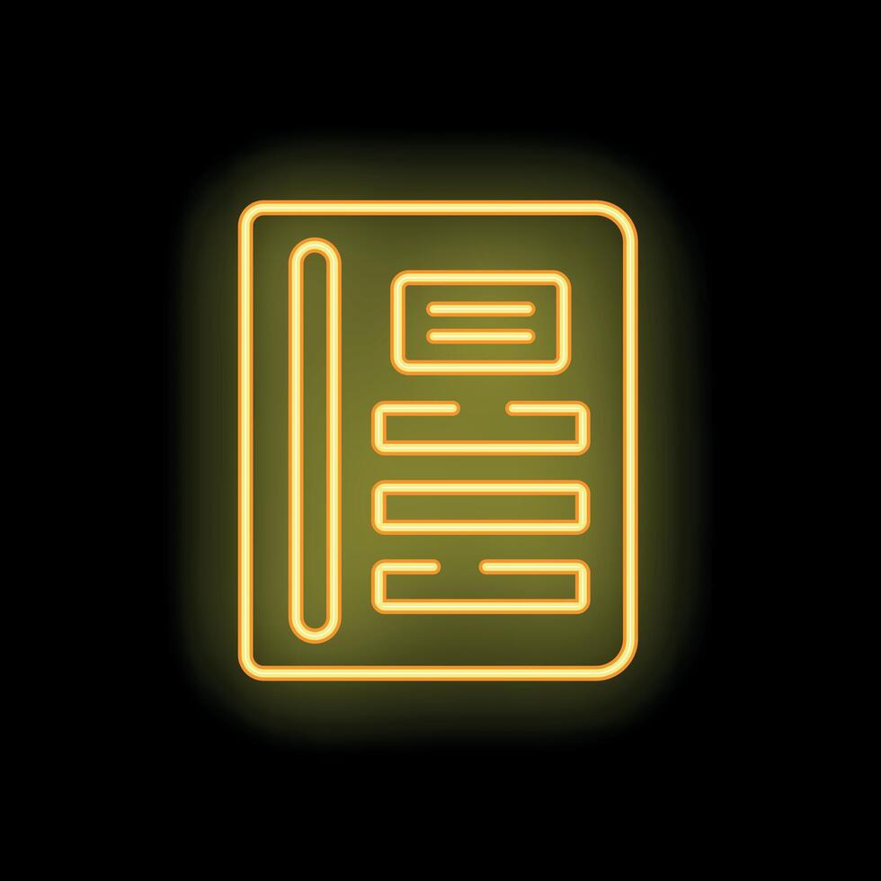 Yellow neon icon of a document with text and a bookmark on black background vector