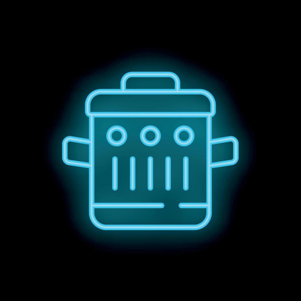 Blue neon sign of modern multicooker on black background vector