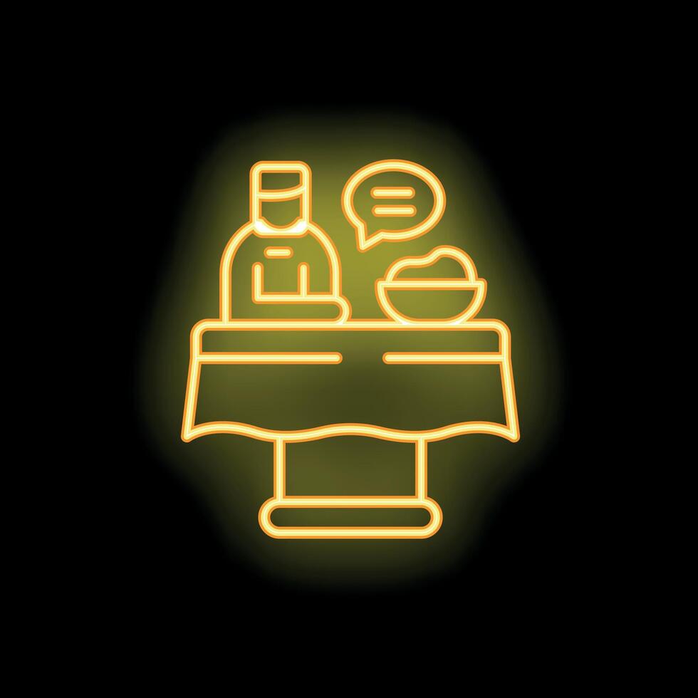 Neon sign of chef standing at table with food and speech bubble vector