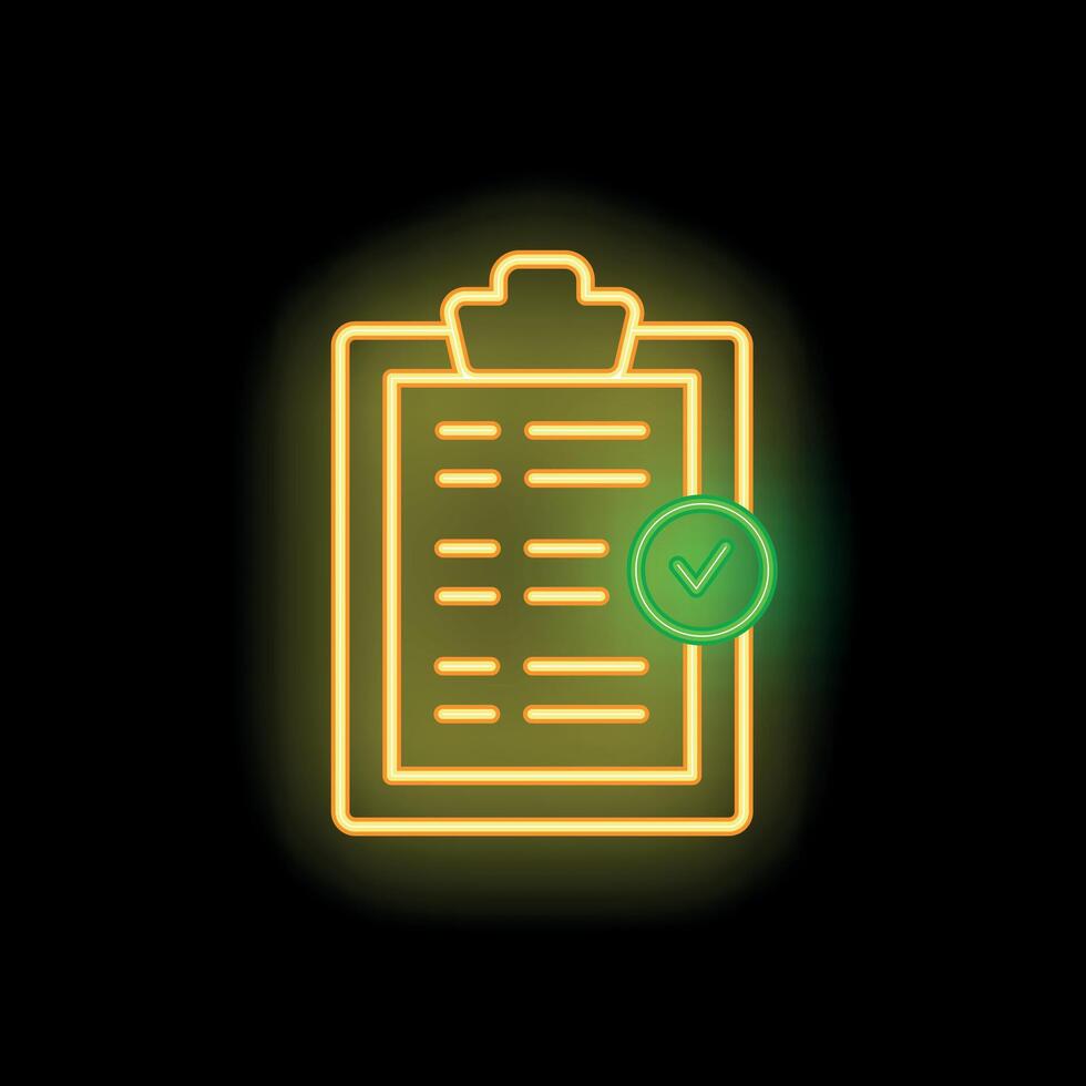 Neon icon of clipboard with checklist and green check mark showing completion vector