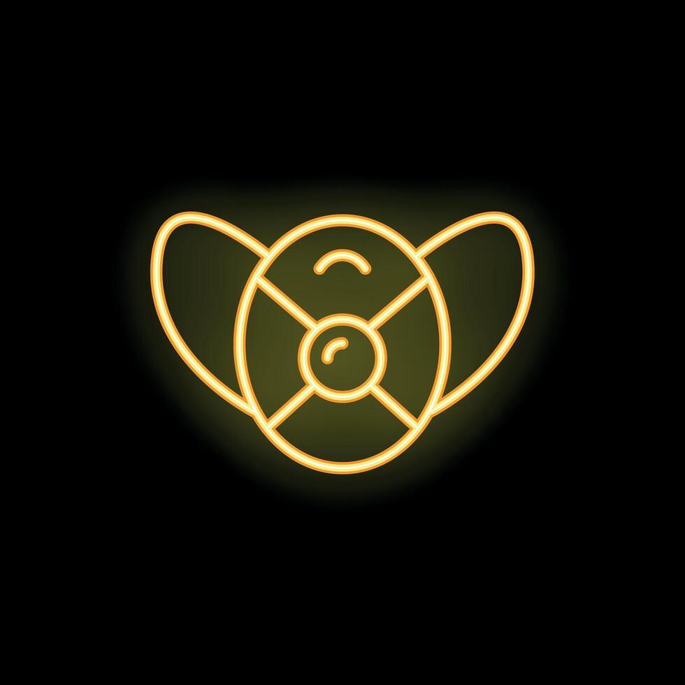 Neon icon of respirator mask with filters glowing yellow on black background vector
