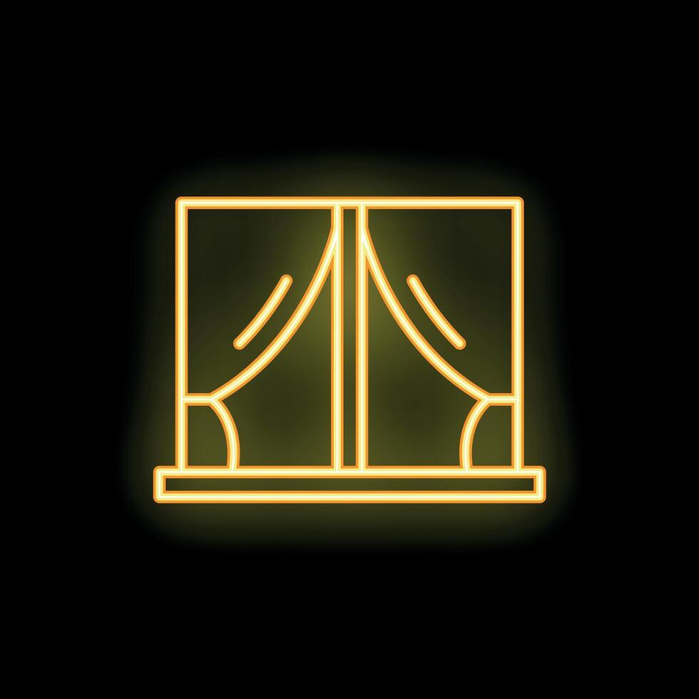 Neon icon of window with curtains shining brightly on black background vector