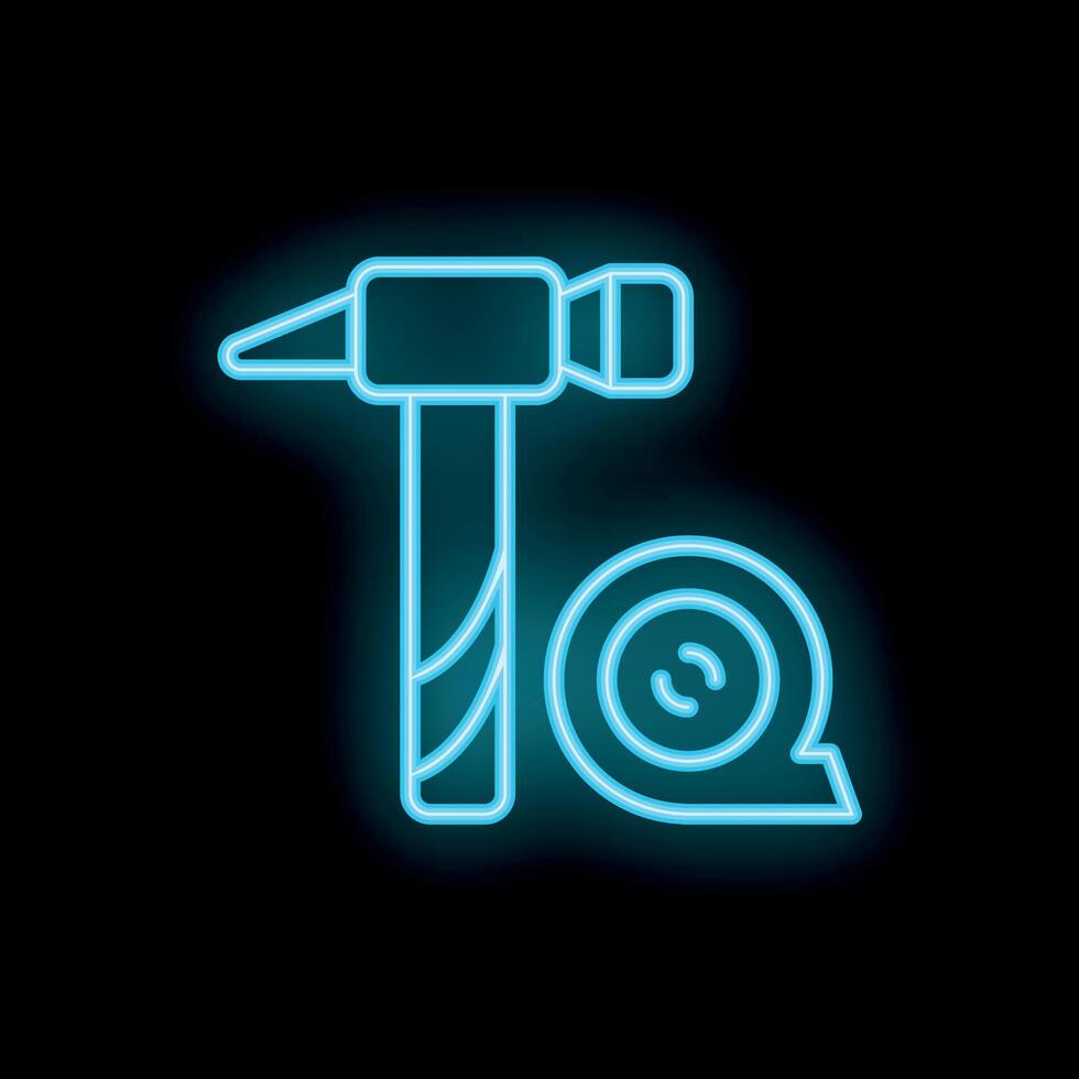 Blue neon sign showing hammer and tape measure for workshop vector