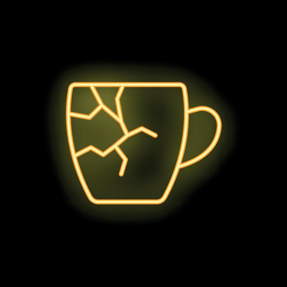 Yellow neon sign of a broken mug on a black background vector