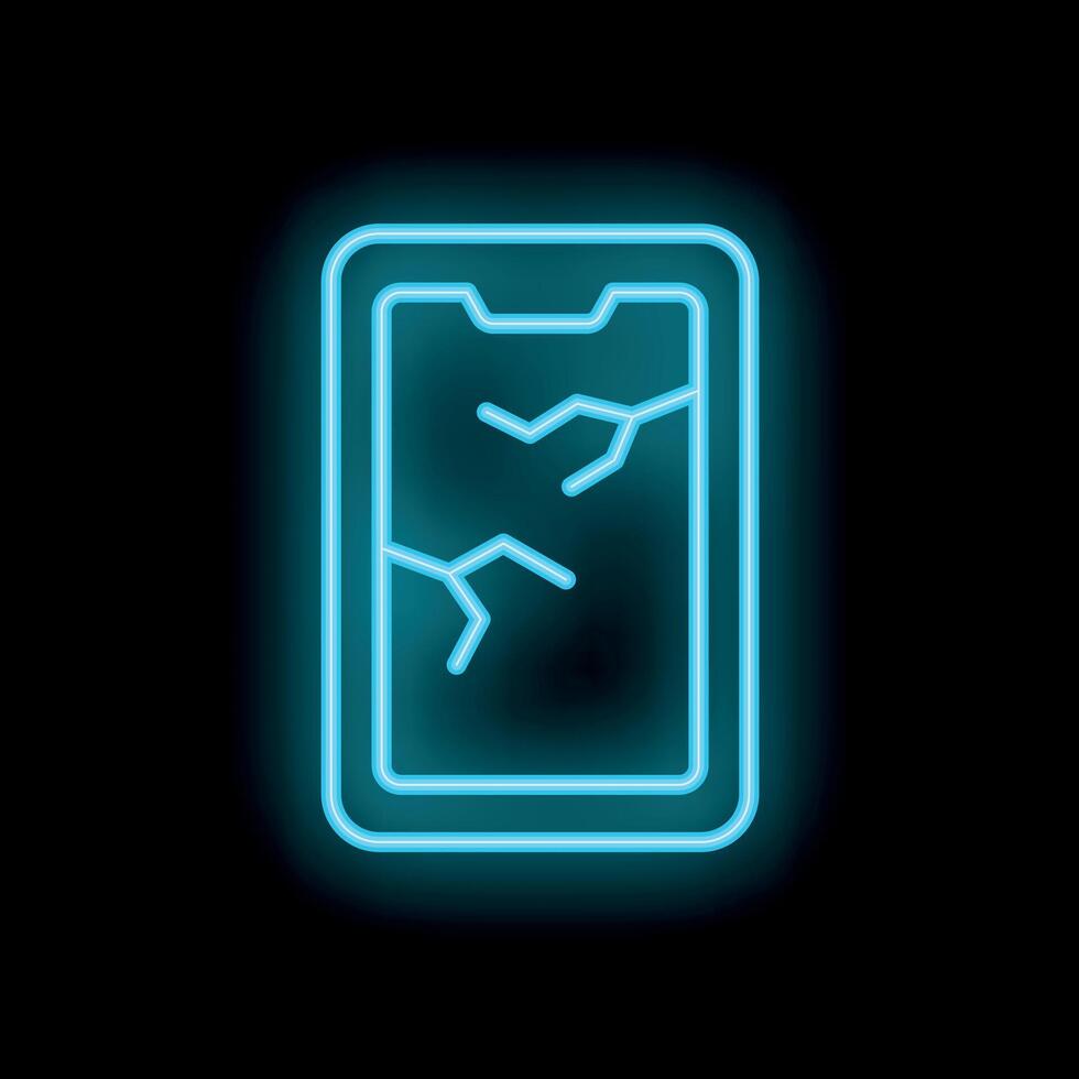 Neon icon of broken smartphone displaying cracks vector