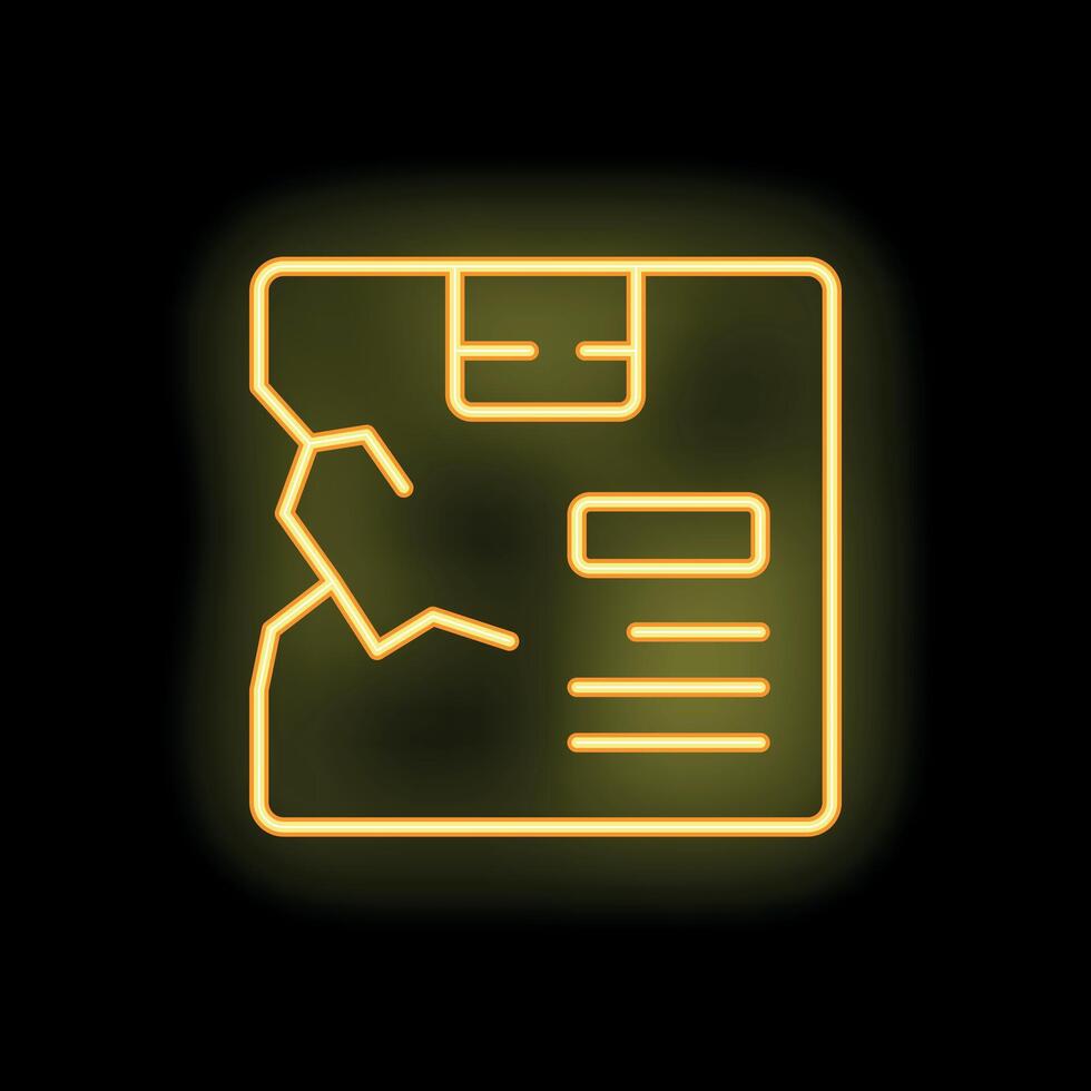 Neon yellow damaged package icon on black background vector