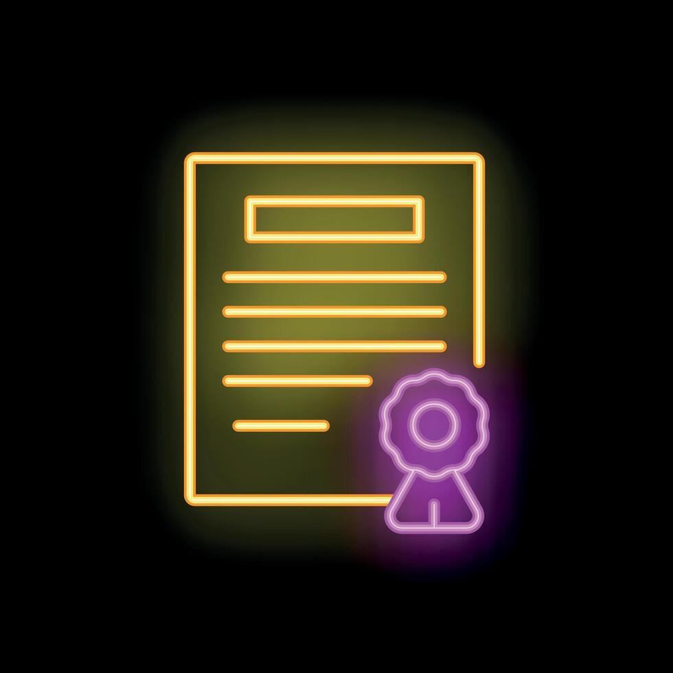 Neon sign of official certified document with stamp and ribbon vector