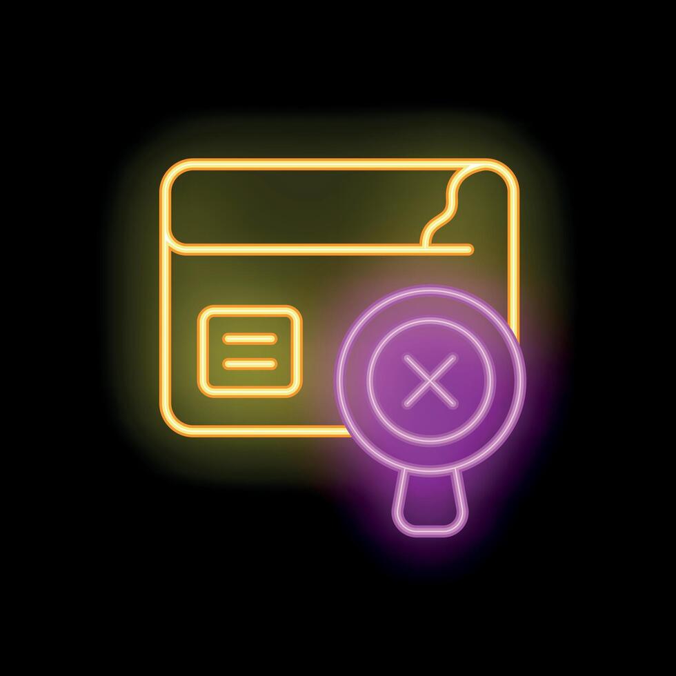 Neon magnifying glass showing red cross symbol over website interface vector