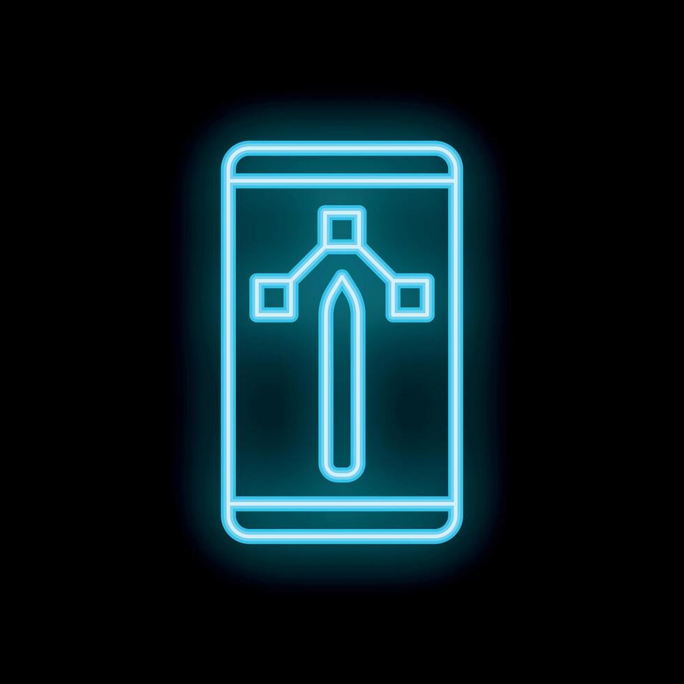 Neon sign of mobile phone with stylus pen and user interface elements on black background vector
