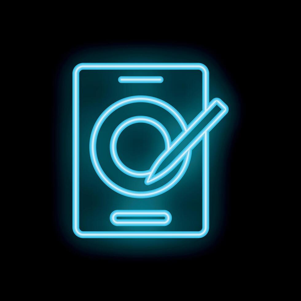 Neon stylus pen drawing circle on smartphone screen icon vector