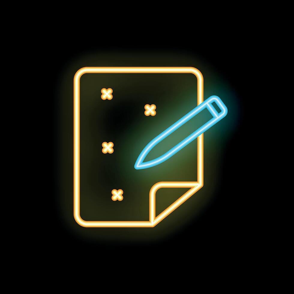 Neon icon of a pencil writing on paper with cross marks on it vector