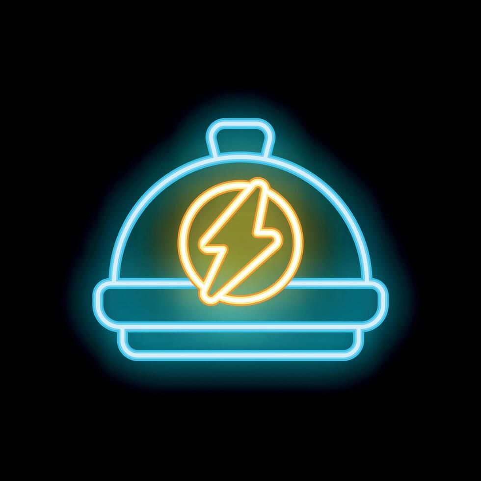Neon icon of restaurant cloche with lightning symbol inside vector