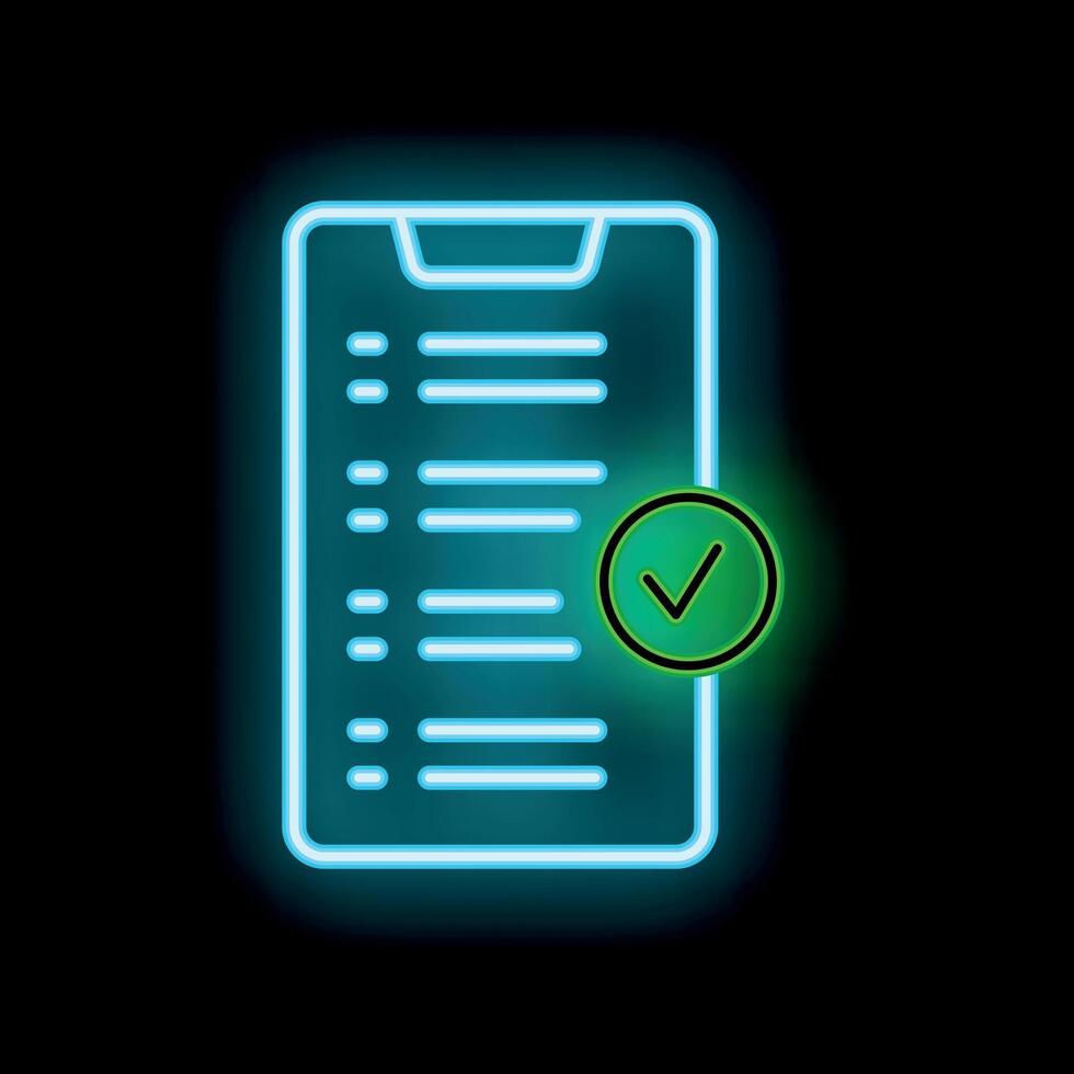 Neon smartphone showing checklist with completed task icon vector