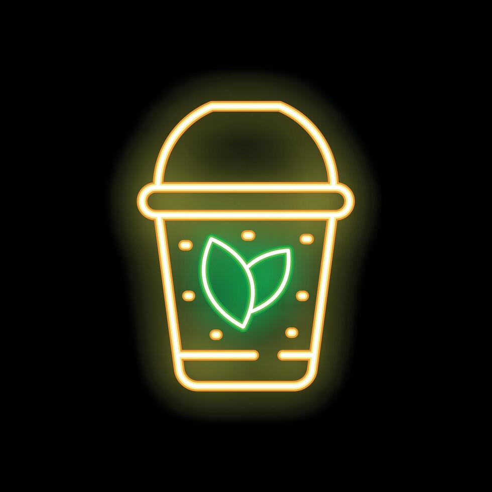 Yellow neon sign of a to go coffee cup with green leaves glowing on black background vector