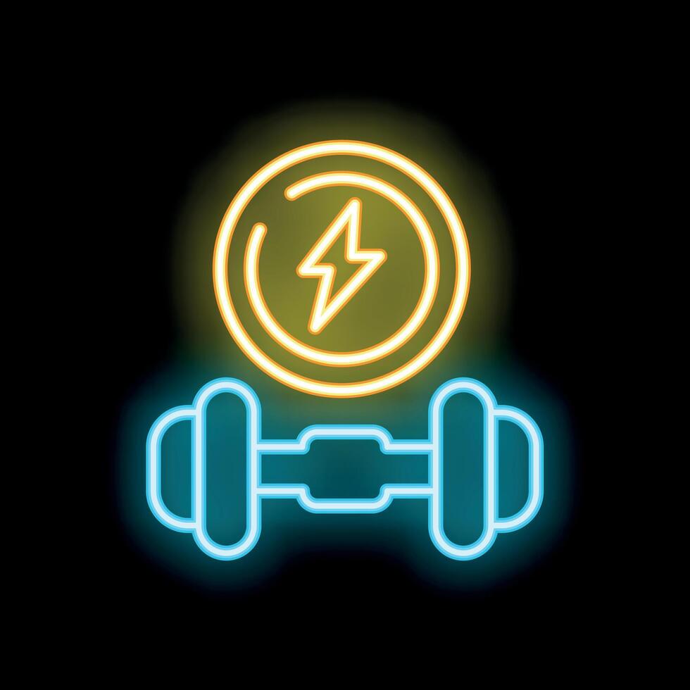 Neon sign representing energy boost for fitness training with dumbbell and lightning symbol vector