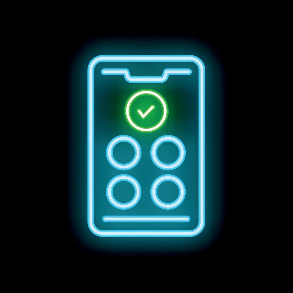 Neon icon of smartphone showing completed tasks on dark background vector