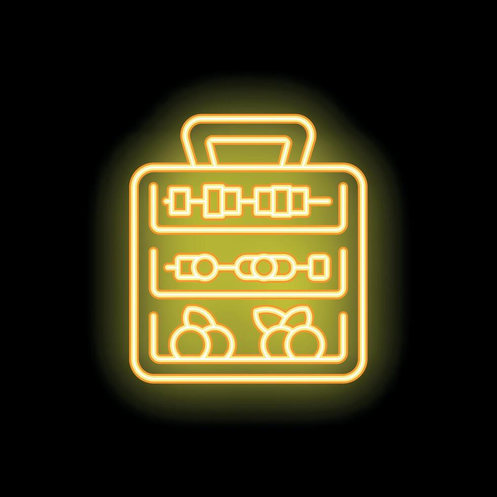 Yellow glowing neon icon of a food delivery app, visualizing the process of ordering food online vector