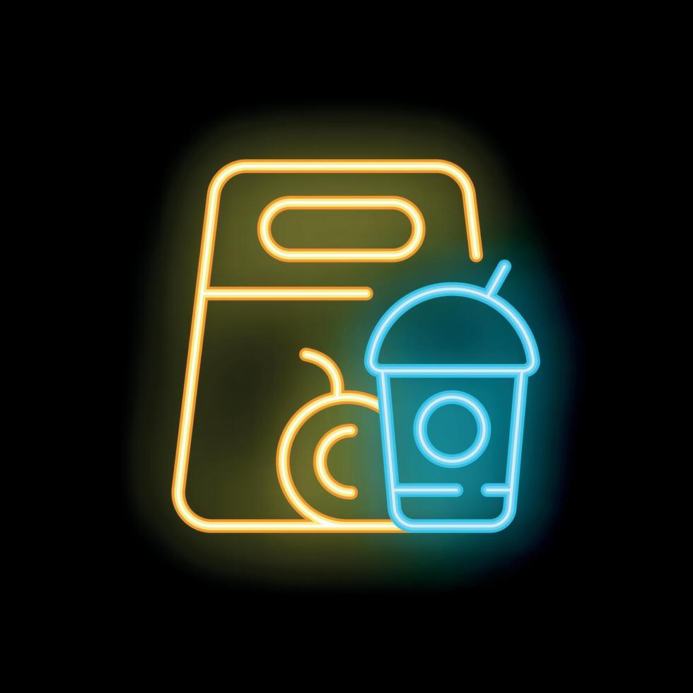 Neon lunch bag with apple and drink icon glowing on black background vector
