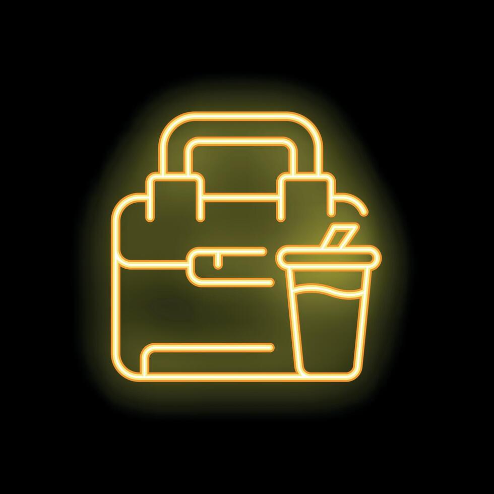 Yellow glowing neon icon of a lunch bag, ideal for food delivery service advertisement vector
