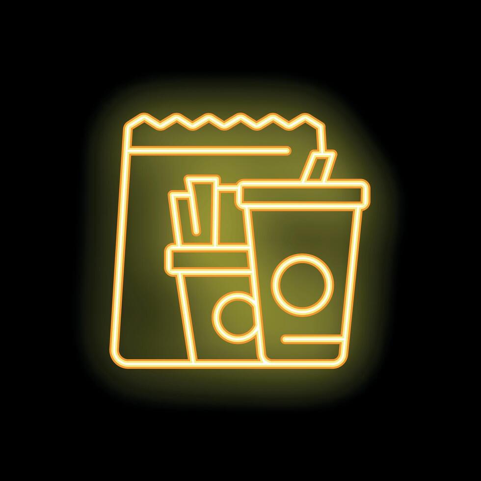 Neon sign showing paper bag containing french fries and soda with straw vector